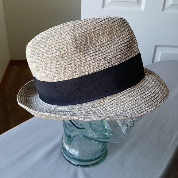 Straw Fedora Hat 22" Panama Pork Pie grosgrain band braided woven - Picture 5 of 11